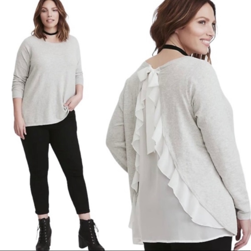 TORRID Marled Grey Chiffon Ruffle Back Pullover Sweater Size 10